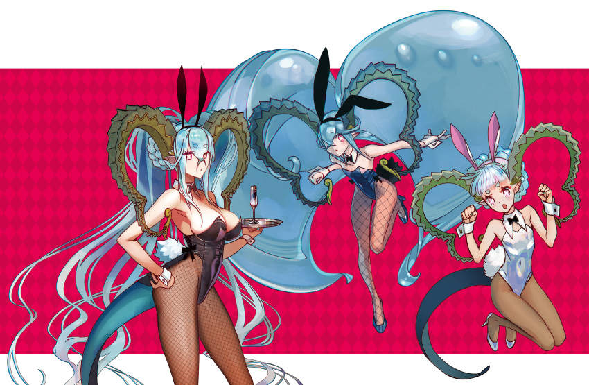 3girls animal_ears aqua_hair black_leotard blue_leotard braid braided_bun breasts brown_pantyhose champagne_flute cleavage covered_navel crown_braid cup curled_horns detached_collar drinking_glass fake_animal_ears fake_tail fate/grand_order fate_(series) fishnet_pantyhose fishnets hair_between_eyes hair_bun high_heels highleg highleg_leotard highres horns large_breasts larva_tiamat_(fate) larva_tiamat_(first_ascension)_(fate) larva_tiamat_(second_ascension)_(fate) larva_tiamat_(third_ascension)_(fate) leotard long_hair long_horns looking_at_viewer multiple_girls multiple_persona pantyhose pink_eyes playboy_bunny pointy_ears rabbit_ears rabbit_tail sidelocks small_breasts symbol-shaped_pupils tail tiamat_(fate) tray twintails very_long_hair white_leotard wrist_cuffs yamanaka_kotetsu