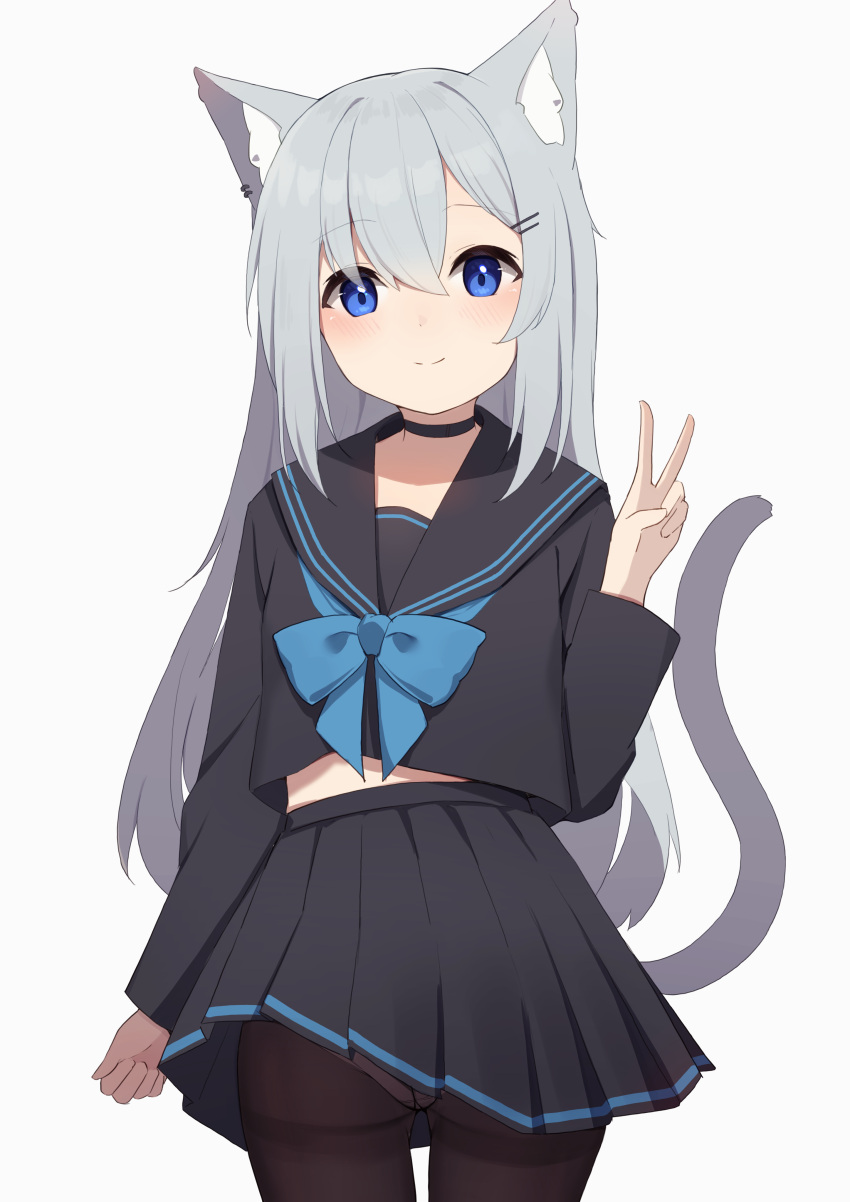 1girl absurdres animal_ear_fluff animal_ears black_sailor_collar black_serafuku black_shirt black_skirt blue_bow blue_eyes blush bow brown_pantyhose cat_ears cat_girl cat_tail closed_mouth commentary_request ear_piercing grey_background grey_hair hair_between_eyes hair_ornament hairclip hand_up highres hinata_(user_rjkt4745) long_hair long_sleeves looking_at_viewer midriff_peek original panties panties_under_pantyhose pantyhose piercing pleated_skirt sailor_collar school_uniform serafuku shirt simple_background skirt smile solo tail thighband_pantyhose underwear v very_long_hair