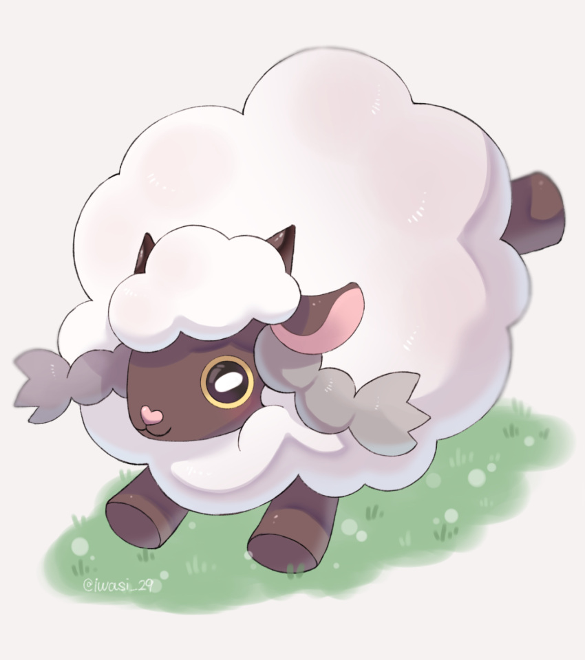 animal_focus black_eyes closed_mouth commentary_request highres horizontal_pupils iwasi_29 no_humans on_grass pokemon pokemon_(creature) sheep simple_background white_background wool wooloo