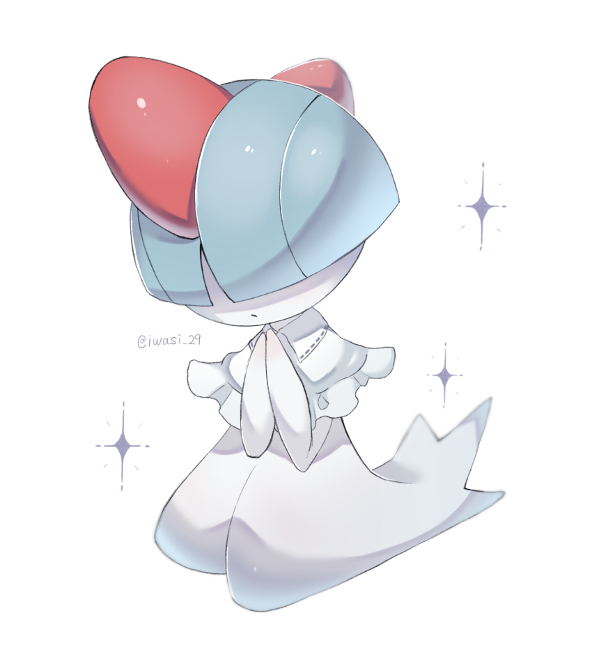 alternate_color artist_name blue_hair closed_mouth colored_skin commentary_request highres iwasi_29 own_hands_together pokemon pokemon_(creature) praying ralts shiny_pokemon simple_background sparkle twitter_username white_background white_skin