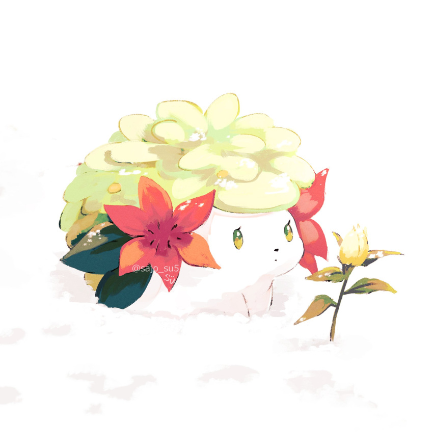 animal_focus artist_name closed_mouth colored_skin flower green_eyes green_hair highres leaf no_humans pokemon pokemon_(creature) red_flower shaymin shaymin_(land) simple_background su_(sajo_su5) twitter_username white_background white_skin