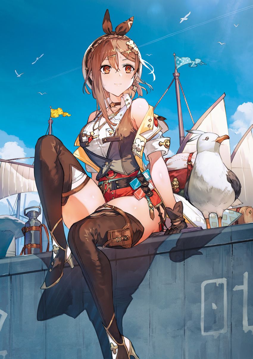 1girl animal atelier_(series) atelier_ryza atelier_ryza_3 bare_shoulders bird blue_sky boots brown_eyes brown_hair contrail day gloves hair_ornament hairclip hat high_heel_boots high_heels highres official_art outdoors reisalin_stout seagull short_sleeves sitting sky thigh_boots toridamono