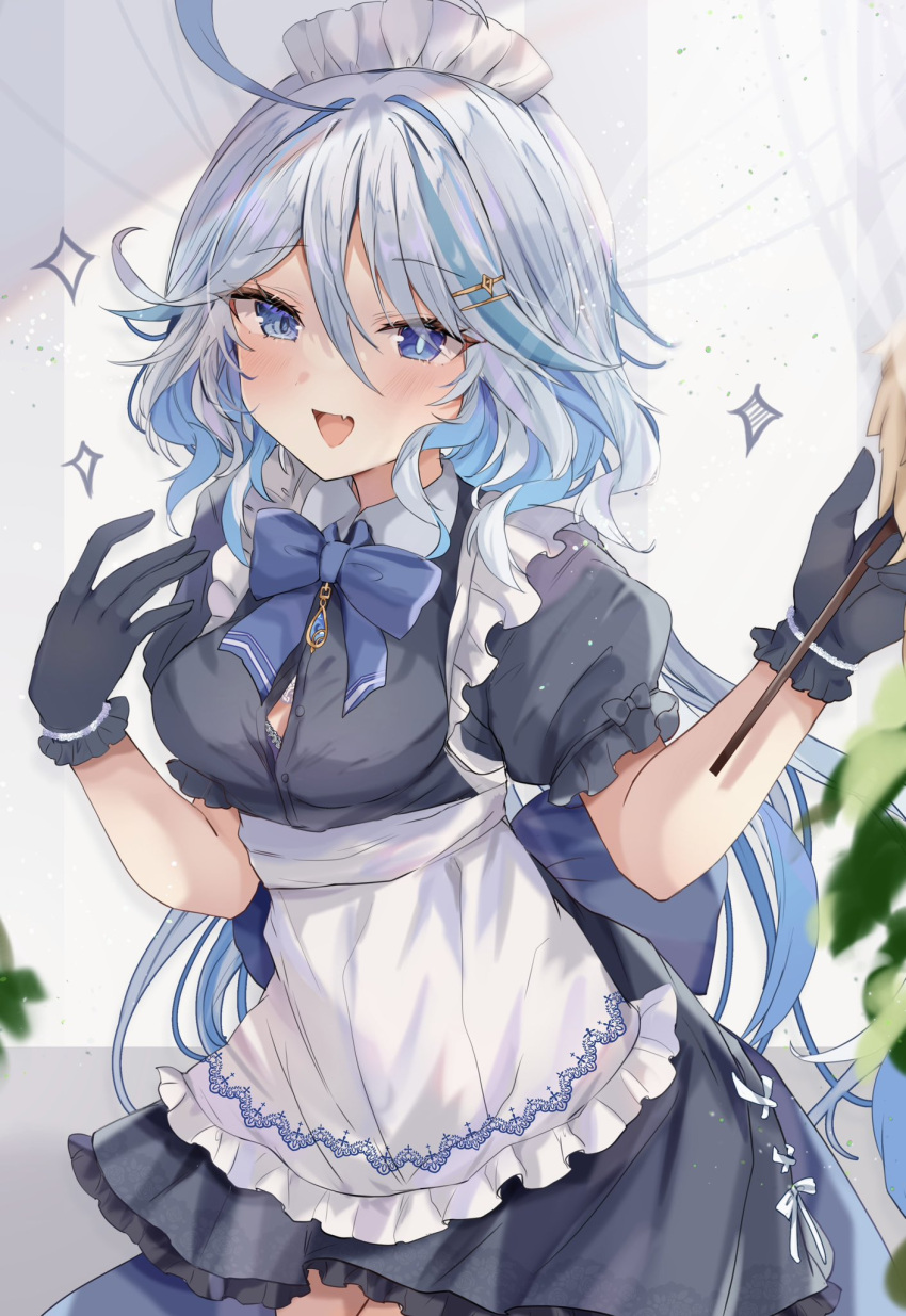 1girl ahoge alternate_costume apron black_dress black_gloves blue_bow blue_bowtie blue_bra blue_eyes blue_hair blurry bow bowtie bra bra_peek breasts button_gap depth_of_field doyagao dress drop-shaped_pupils enmaided frilled_apron frills furina_(genshin_impact) furrowed_brow genshin_impact gloves hair_between_eyes hair_ornament hairclip hands_up heterochromia highres light_blue_hair long_hair looking_at_viewer maid maid_apron maid_headdress maruro medium_breasts mismatched_pupils multicolored_hair plant potted_plant puffy_short_sleeves puffy_sleeves short_sleeves smug solo streaked_hair symbol-shaped_pupils underwear upper_body waist_apron wavy_hair white_headdress