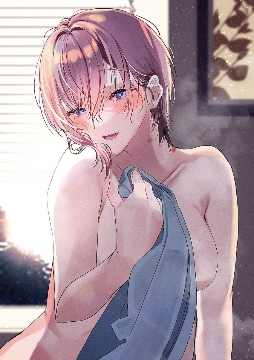 1girl absurdres backlighting blanket blue_eyes blush breasts commentary_request covering_privates go-toubun_no_hanayome hair_between_eyes hickey highres holding holding_blanket indoors large_breasts looking_at_viewer messy_hair nakano_ichika nude_cover nununu_(nununu386) open_mouth pink_hair short_hair smile solo waking_up