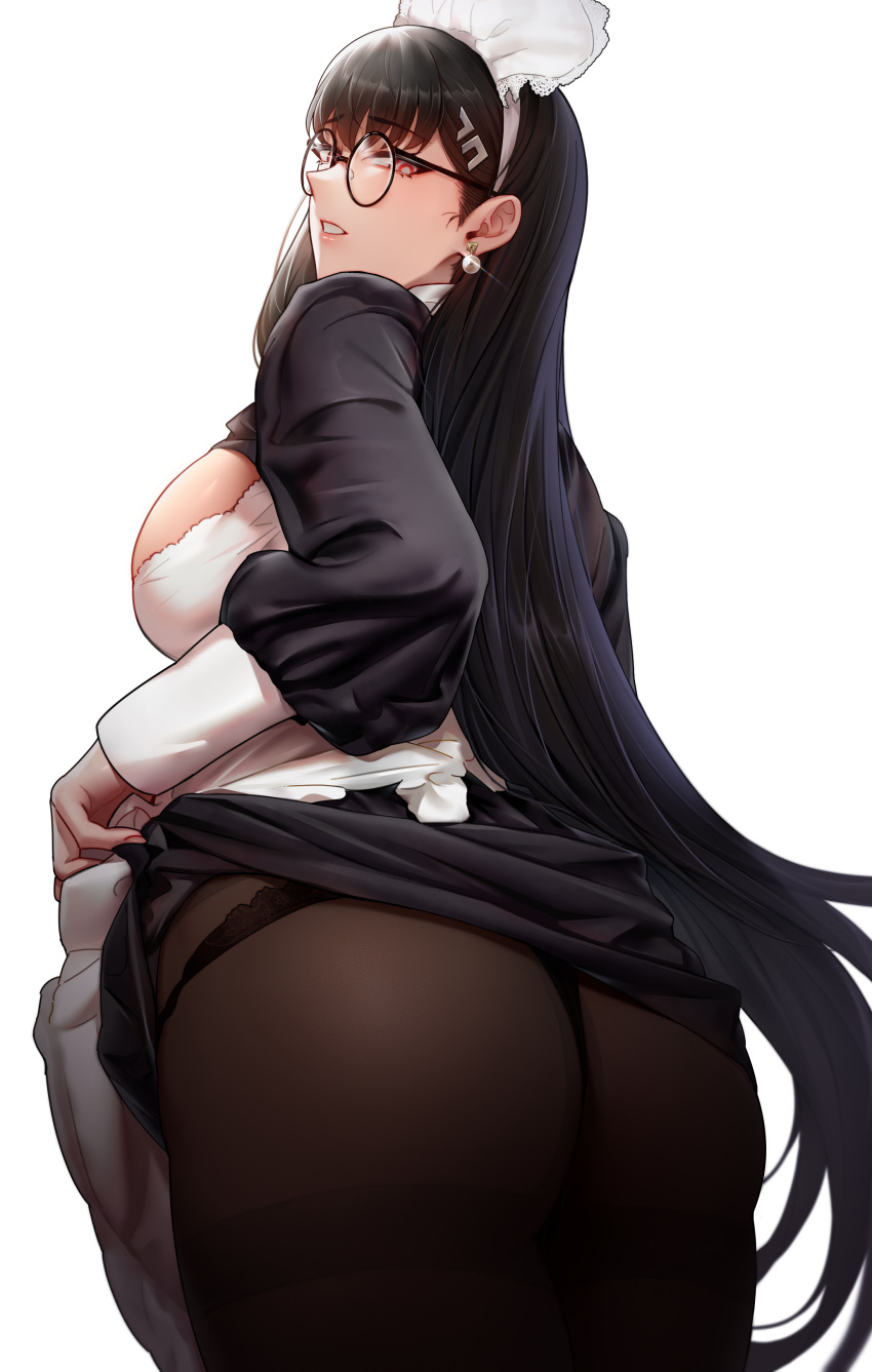 1girl absurdres apron ass black_hair black_shirt black_skirt blue_archive blush breasts brown_pantyhose earrings glasses hair_ornament hairclip highres hua-j jewelry large_breasts long_hair long_sleeves looking_at_viewer looking_back pantyhose red_eyes rio_(blue_archive) round_eyewear shirt skirt solo white_apron