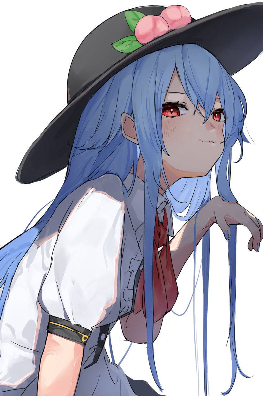1girl black_headwear blue_hair blush buttons center_frills closed_mouth collared_shirt commentary frills fruit_hat_ornament hair_between_eyes hat hat_ornament highres hinanawi_tenshi long_hair peach_hat_ornament pocche-ex red_eyes shirt short_sleeves simple_background smile solo touhou upper_body white_background white_shirt