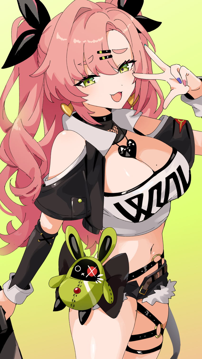 1girl :d absurdres awe_(adorableduckyy) bare_shoulders black_ribbon black_shorts breasts cleavage clothing_cutout commentary_request cowboy_shot cutoffs gradient_background green_background green_eyes hair_ribbon hand_up highres large_breasts long_hair long_sleeves looking_at_viewer micro_shorts midriff navel nicole_demara open_fly open_mouth pink_hair ribbon shorts shoulder_cutout smile solo standing stomach strapless thighs tube_top two_side_up very_long_hair w zenless_zone_zero