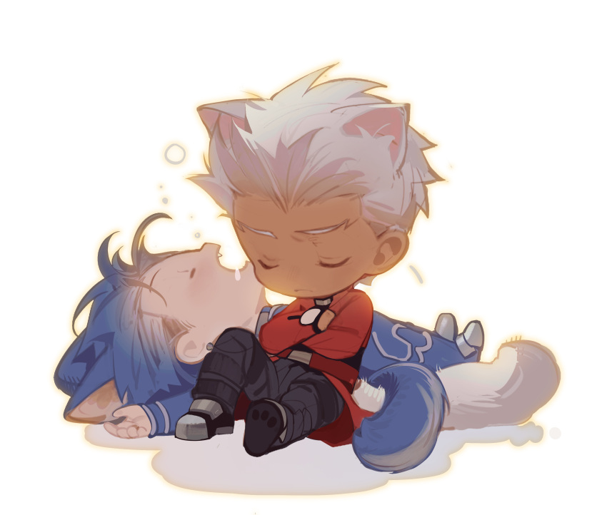 2boys absurdres animal_ears archer_(fate) cat_boy cat_ears chibi closed_eyes crossed_arms cu_chulainn_(fate) cu_chulainn_(fate/stay_night) dark_skin dog_boy dog_ears dog_tail drooling extra_ears fate/grand_order fate/stay_night fate_(series) highres long_sleeves mouth_drool multiple_boys on_ground open_mouth sitting sleeping tail tobu_0w0