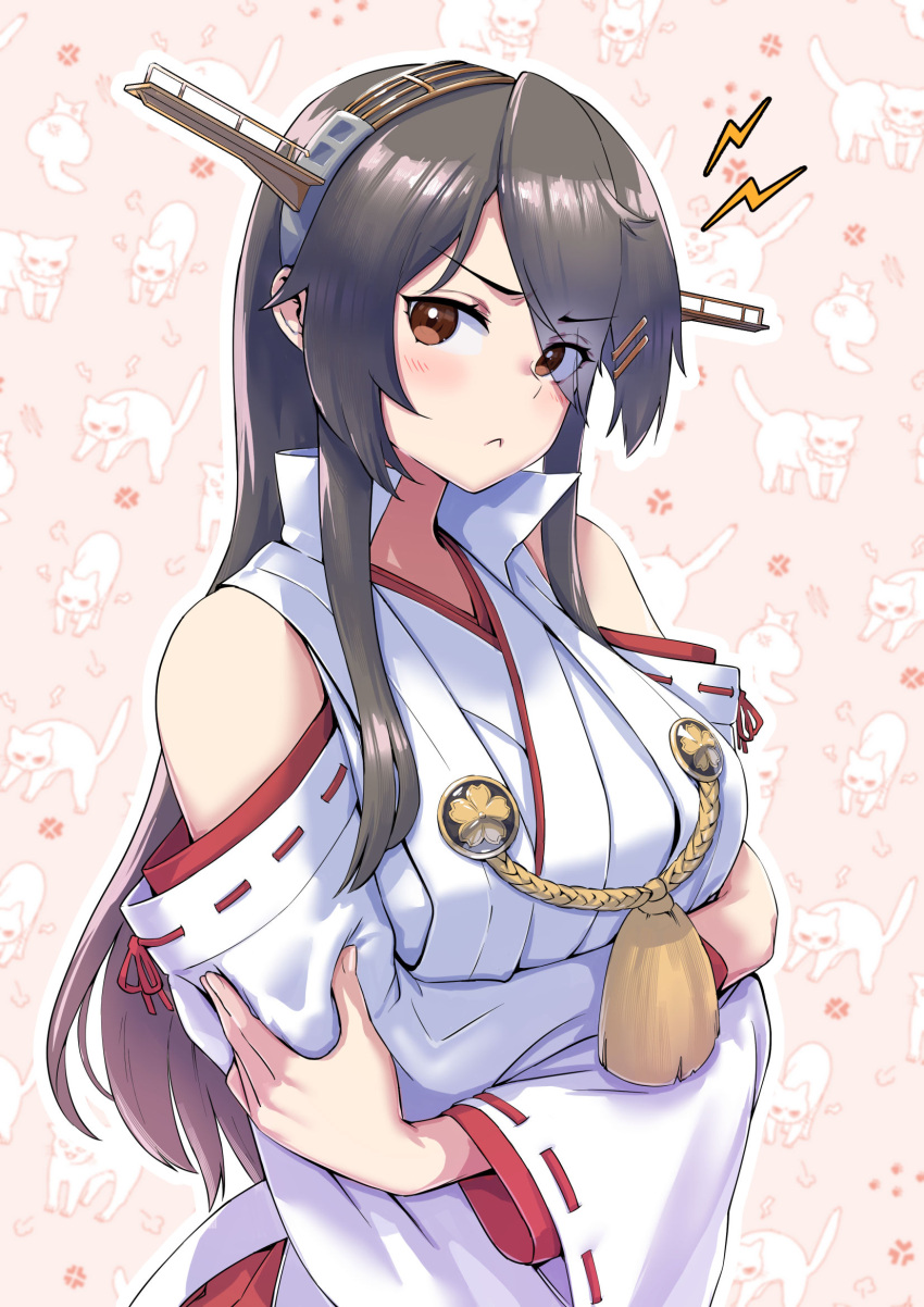 1girl arms_under_breasts asava_(hutaitenn) black_hair breasts brown_eyes cat crossed_arms detached_sleeves eyes_visible_through_hair hair_ornament hairclip haruna_(kancolle) haruna_kai_ni_(kancolle) headgear highres japanese_clothes kantai_collection large_breasts long_hair looking_at_viewer nontraditional_miko pink_background popped_collar pout ribbon-trimmed_sleeves ribbon_trim solo upper_body