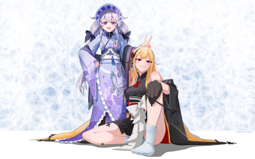 2girls black_gloves black_kimono blonde_hair bunny_ears_prank dreamoon-q gloves grey_hair hand_on_own_hip highres hololive hololive_english hololive_indonesia japanese_clothes kaela_kovalskia kaela_kovalskia_(new_year) kimono kiseru koseki_bijou koseki_bijou_(new_year) long_hair multiple_girls purple_eyes purple_kimono red_eyes sitting smoking_pipe socks v virtual_youtuber white_socks