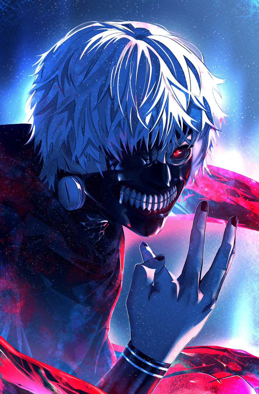 1boy absurdres black_nails black_sclera black_shirt colored_sclera fezukira hand_up highres hood hood_down kagune_(tokyo_ghoul) kaneki_ken looking_at_viewer male_focus mask nail_polish red_eyes shirt short_hair solo teeth_print tokyo_ghoul white_hair