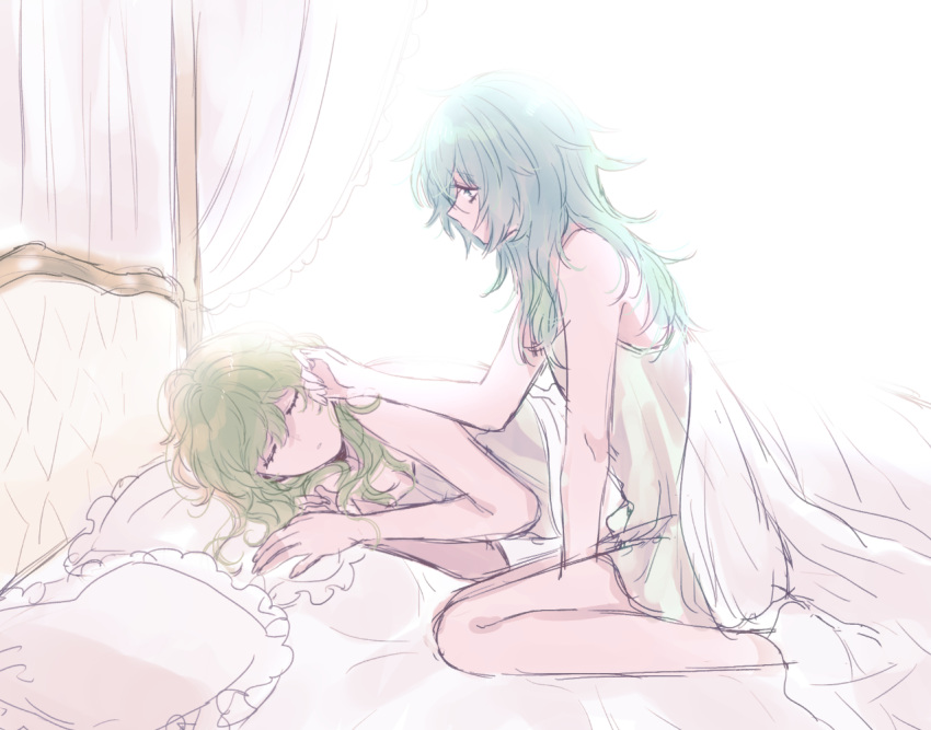 2girls adjusting_another's_hair aqua_eyes aqua_hair babydoll bare_arms breasts commentary_request frilled_pillow frills from_side genderswap genderswap_(mtf) green_hair hair_between_eyes hand_on_another's_cheek hand_on_another's_face hiyori_sou indoors kimi_ga_shine long_hair looking_at_another lying medium_hair midori_(kimi_ga_shine) multiple_girls on_bed on_side parted_lips pillow sitting sleeping small_breasts under_covers uououoon wariza wavy_hair white_babydoll yuri