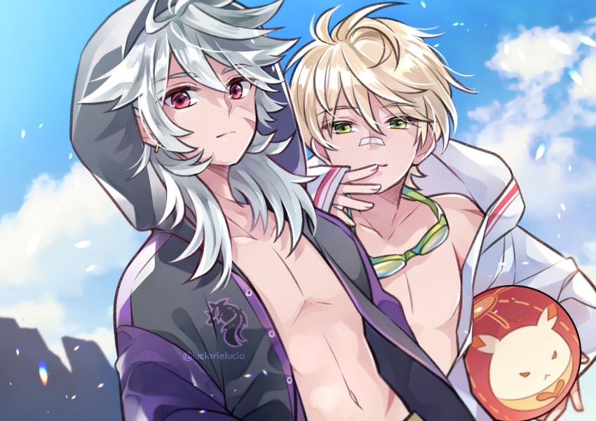 2boys bandaid bandaid_on_face bandaid_on_nose bennett_(genshin_impact) black_hood black_jacket blonde_hair dodoco_(genshin_impact) eyewear_around_neck genshin_impact green_eyes grey_hair hair_between_eyes highres hood hooded_jacket jacket long_hair luciarielucia male_focus midriff multiple_boys muscular muscular_male navel razor_(genshin_impact) scar short_hair smile stomach white_jacket