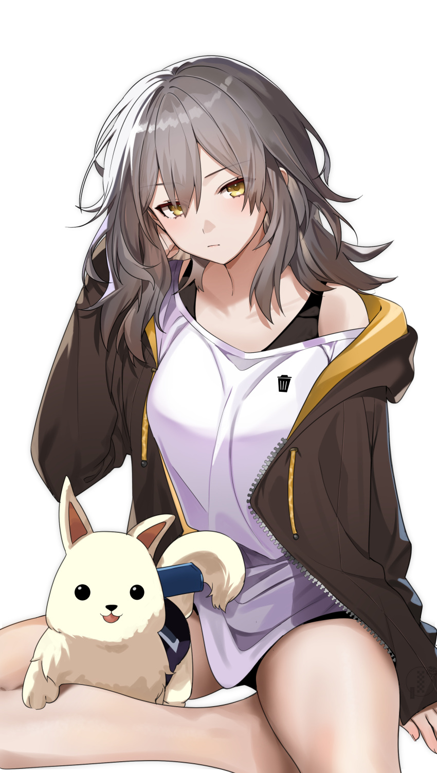 1girl absurdres bare_legs black_jacket black_tank_top black_undershirt closed_mouth dog grey_hair hair_between_eyes hievasp highres honkai:_star_rail honkai_(series) jacket long_sleeves looking_at_viewer medium_hair peppy_(honkai:_star_rail) shirt simple_background stelle_(honkai:_star_rail) tank_top trailblazer_(honkai:_star_rail) white_background white_shirt yellow_eyes