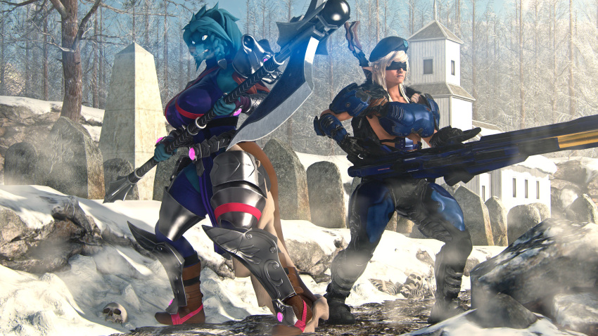 3d_(artwork) absurd_res anthro armor axe beret big_weapon blonde_hair blue_body blue_eyes blue_fur blue_hair cemetery church cliff clothing dark_body dark_skin digital_media_(artwork) duo elf evergreen_tree female female/female fog forest forest_background fur gauss_rifle hair hat headgear headwear hi_res human humanoid humanoid_pointy_ears khali_the_guardian_(ludexus) ludexus mammal melee_weapon morning nature nature_background pine_tree plant rasputitsa_(petruz) rock snow source_filmmaker tombstone tree ursid weapon