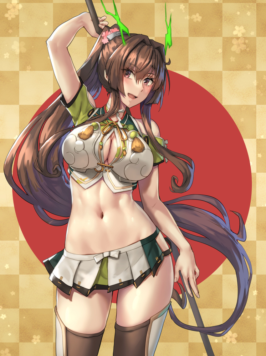 1girl alternate_costume blush breasts brown_hair checkered_background cleavage_cutout clothing_cutout cosplay dragon_horns energy_horns highres horns kantai_collection kokuzou large_breasts long_hair looking_at_viewer multicolored_clothes multicolored_skirt navel open_mouth pink_eyes ponytail rising_sun_flag skirt solo staff sunburst thighhighs toned unryuu_(kancolle) unryuu_(kancolle)_(cosplay) very_long_hair yamato_(kancolle)