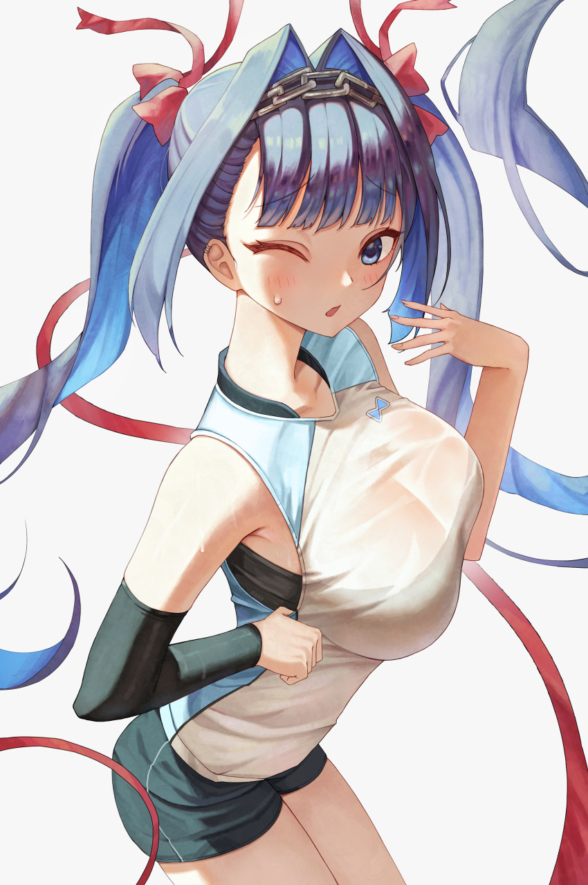 1girl absurdres blue_eyes blue_hair blush breasts detached_sleeves hair_intakes hair_ribbon highres hololive hololive_english large_breasts long_hair looking_at_viewer nannachu7 one_eye_closed ouro_kronii ribbon shirt shorts simple_background sleeveless sleeveless_shirt solo sportswear sweat twintails virtual_youtuber volleyball_uniform