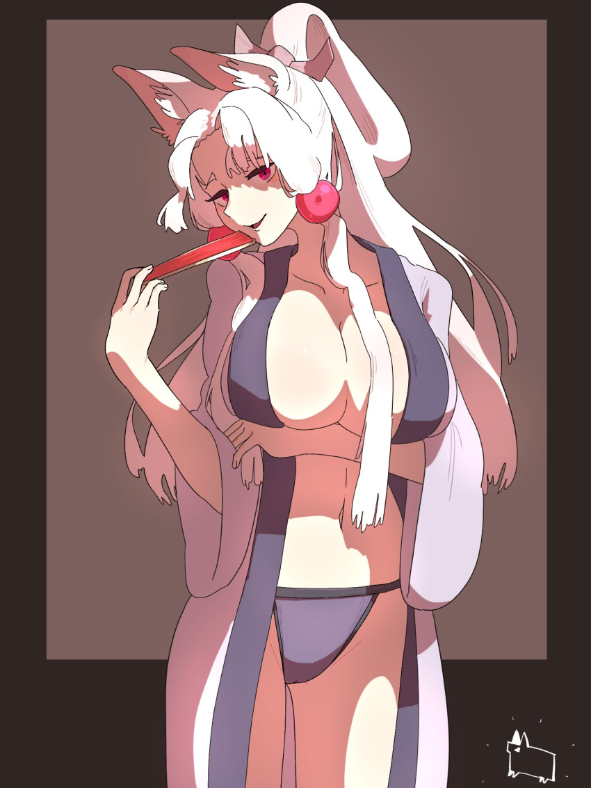 1girl adpx animal_ear_fluff animal_ears arm_under_breasts breasts cameltoe earrings fox_ears grey_hair hand_fan highres japanese_clothes jewelry jitome kimono large_breasts long_hair long_sleeves looking_at_viewer no_bra parted_bangs ponytail seductive_smile smile sphere_earrings touhoku_itako underwear undressing voiceroid white_hair white_kimono