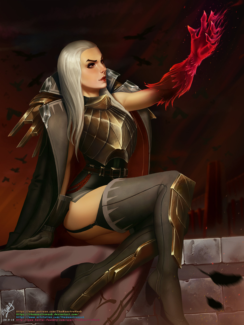 1girl animal armor bird black_coat boots breastplate brown_footwear brown_gloves coat colored_skin garter_straps gloves grey_hair highres league_of_legends long_hair looking_up red_background red_coat red_lips red_skin sitting swain_(league_of_legends) themaestronoob thigh_boots two-sided_coat two-sided_fabric web_address