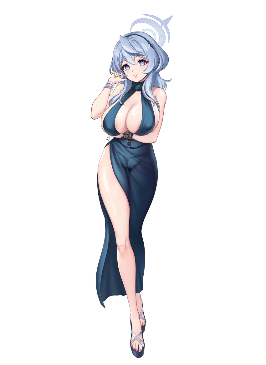 1girl absurdres ako_(blue_archive) ako_(dress)_(blue_archive) areola_slip blue_archive blue_dress blue_eyes blue_footwear blue_hair blue_halo bracelet breasts cleavage commentary_request dress evening_gown full_body halo highres huge_breasts jewelry korean_commentary legs looking_at_viewer medium_hair nail_polish official_alternate_costume purple_nails sandals see-through see-through_dress single_handcuff sleeveless sleeveless_dress smile solo standing thighs toenail_polish toenails toriseru_(rare_stone) white_background