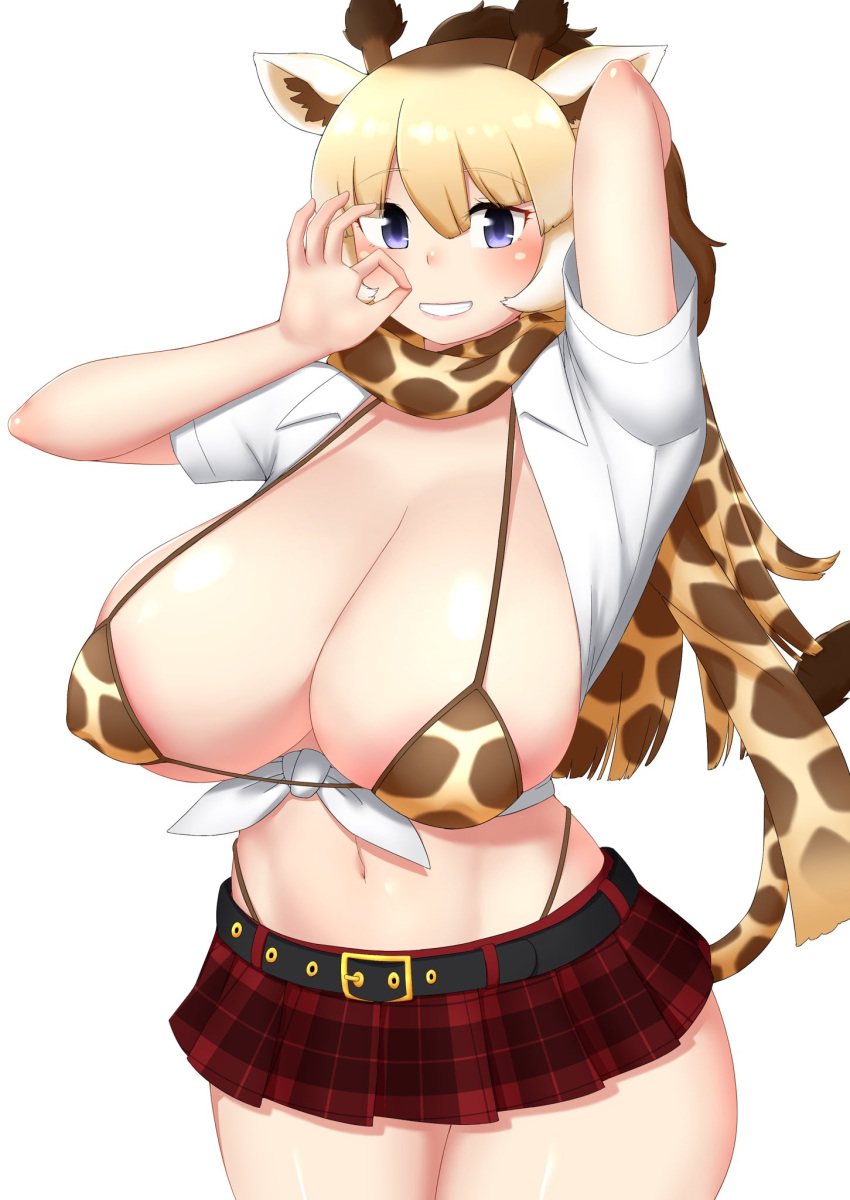 1girl alternate_breast_size alternate_costume animal_ear_fluff animal_ears animal_print arm_behind_head arms_up belt bikini bikini_top_only black_belt blonde_hair blue_eyes breasts breasts_out brown_hair cleavage collared_shirt cowboy_shot giraffe_ears giraffe_girl giraffe_horns giraffe_print giraffe_tail grin hair_between_eyes highleg highleg_panties highres hitonoko horns huge_breasts kemono_friends long_hair looking_at_viewer microskirt midriff multicolored_hair navel ok_sign panties panty_straps print_bikini print_scarf red_skirt reticulated_giraffe_(kemono_friends) scarf shiny_skin shirt short_sleeves simple_background skirt smile solo stomach swimsuit tail teeth tied_shirt underwear white_background white_shirt wing_collar