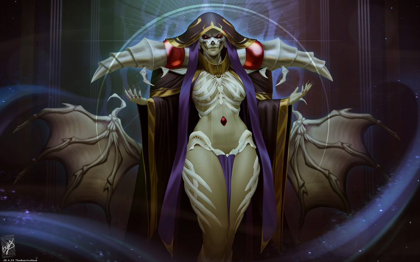 1girl ainz_ooal_gown black_robe breasts dated feet_out_of_frame fingernails gem genderswap genderswap_(mtf) glowing glowing_eyes hands_up highres hood hood_up jewelry large_breasts looking_at_viewer mask medium_breasts nail_polish overlord_(maruyama) red_nails ring robe sharp_fingernails shiny_clothes signature skeletal_clothes skeletal_wings skeleton smile solo themaestronoob wings