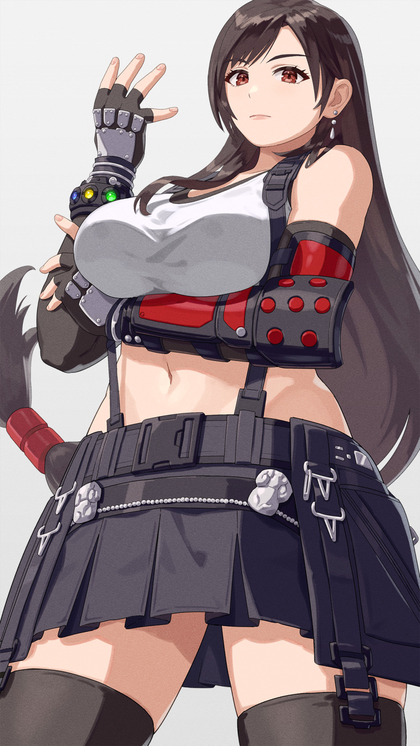 1girl arm_under_breasts black_gloves black_hair black_skirt black_thighhighs bracelet breasts closed_mouth commentary_request cowboy_shot crop_top earrings final_fantasy final_fantasy_vii final_fantasy_vii_rebirth final_fantasy_vii_remake fingerless_gloves gloves hand_up highres jewelry large_breasts long_hair looking_at_viewer low-tied_long_hair materia midriff navel red_eyes single_arm_guard single_earring single_sidelock skirt solo suspender_skirt suspenders swept_bangs tank_top thighhighs tifa_lockhart very_long_hair white_tank_top yagi2013 zettai_ryouiki