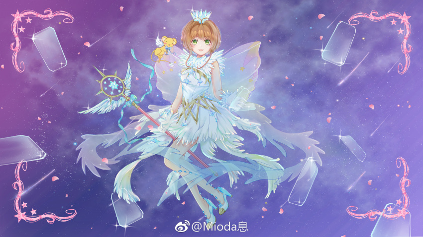 1girl back_bow blue_footwear bow brown_hair card cardcaptor_sakura chinese_commentary clear_card commentary_request crown dress feather-trimmed_gloves feather_dress ferret full_body gloves green_eyes high_heels highres holding holding_card holding_staff huge_bow kero kinomoto_sakura looking_at_viewer magical_girl meteor_shower mioda_xi open_mouth petals picture_frame see-through_bow short_dress short_hair_with_long_locks sleeveless sleeveless_dress smile solo space sparkle staff star_(symbol) watermark weibo_logo weibo_username white_bow white_dress white_gloves white_headwear