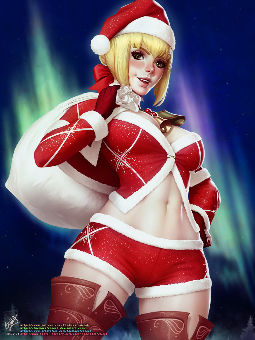1girl :d bell blush boots bow capelet cowboy_shot fate/grand_order fate_(series) gloves green_eyes hair_bow hat highres holding holding_sack jacket long_sleeves navel neck_bell nero_claudius_(fate) outdoors red_bow red_capelet red_footwear red_gloves red_jacket red_shorts sack santa_hat shorts smile snowflake_print solo teeth themaestronoob thigh_boots upper_teeth_only web_address