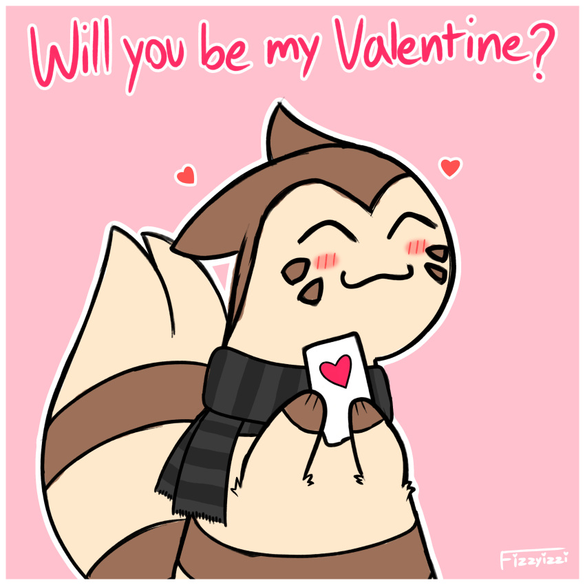 &lt;3 1:1 absurd_res ambiguous_gender blush border brown_body brown_fur digital_drawing_(artwork) digital_media_(artwork) fizzyizzi fur furret generation_2_pokemon hi_res holidays nintendo pokemon pokemon_(species) scarf simple_background smile solo tail text valentine's_day white_border