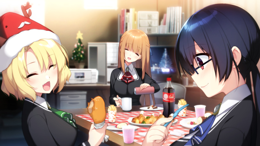 3girls :d ascot black_hair black_jacket blonde_hair blue_neckwear blue_ribbon blurry blurry_background blush brown_hair butterfly_seeker closed_eyes closed_mouth fang food fork fur-trimmed_headwear game_cg glasses green_neckwear hair_ribbon hat hatori_piyoko head_tilt himuro_chitose holding holding_food holding_fork jacket long_hair long_sleeves medium_hair multiple_girls profile red_eyes red_headwear red_neckwear ribbon santa_hat saotome_haya shiny shiny_hair sitting smile table tendou_yui upper_body very_long_hair wing_collar