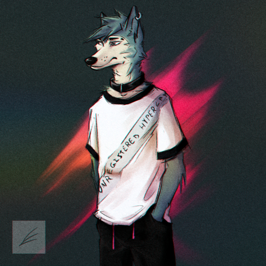 anthro baggy_clothing beastars bonelesswolf canid canine canis clothing ear_piercing ear_ring hand_in_pocket legoshi_(beastars) male mammal piercing pockets shirt simple_background solo sweatpants t-shirt topwear wolf