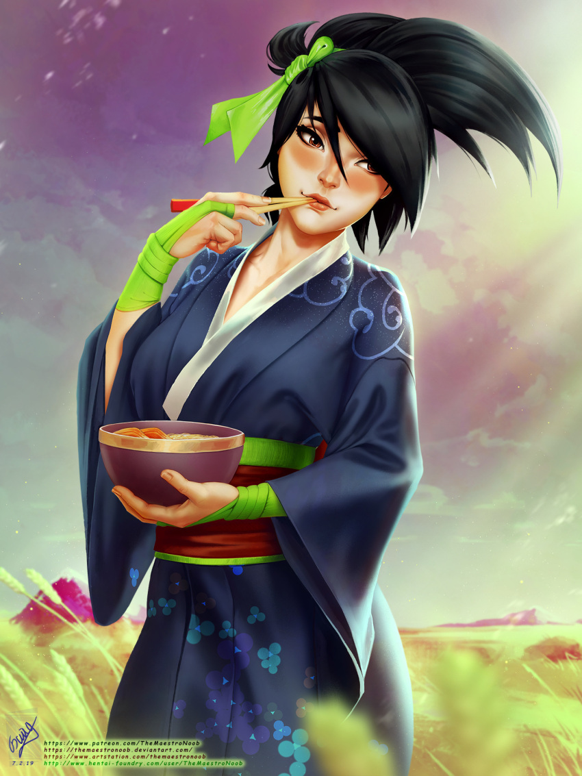 1girl akali artist_name artstation_username black_hair blush bowl brown_eyes chopsticks chopsticks_in_mouth cloud cowboy_shot day deviantart_username eating field fingerless_gloves floral_print food food_in_mouth gloves grass grasslands green_gloves green_ribbon hair_between_eyes hair_ribbon hentai-foundry_username highres holding holding_bowl japanese_clothes kimono league_of_legends lips looking_to_the_side mountain noodles obi patreon_username ponytail ramen ribbon sash signature solo sunlight themaestronoob variant_set wide_sleeves yukata