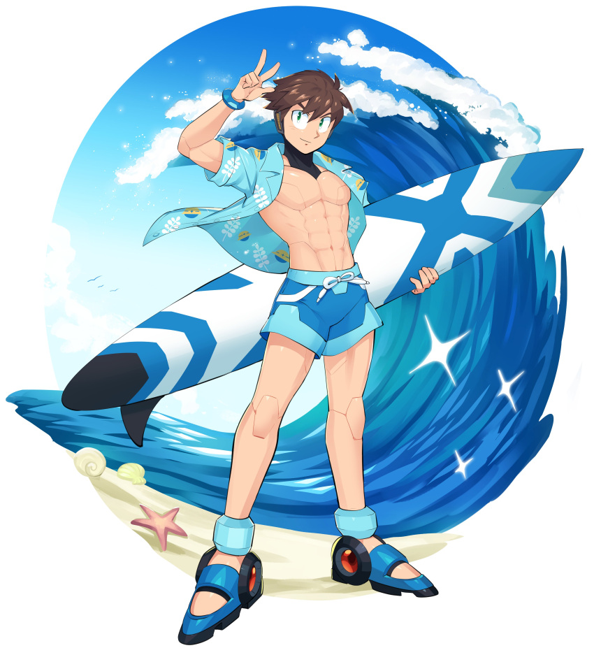 abs absurdres beach blue_shorts brown_hair drawloverlala green_eyes highres joints mega_man_(series) mega_man_x_(series) no_headgear ocean open_clothes open_shirt robot robot_ears robot_joints sand short_hair shorts surfboard v waves x x_(mega_man)