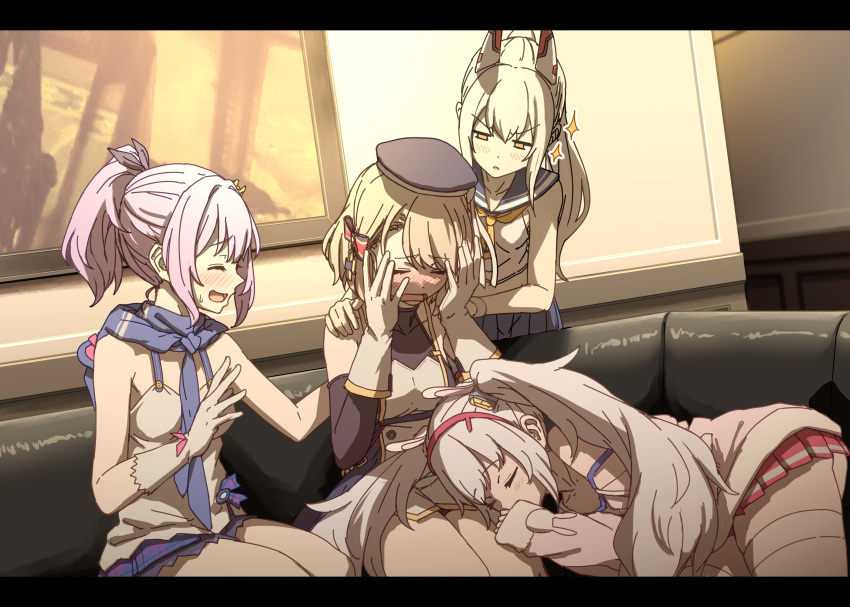 4girls animal_ears aoi_tiduru ascot ayanami_(azur_lane) azur_lane blue_hair blue_skirt blush bow camisole closed_eyes couch covering_face crop_top embarrassed gloves hair_bow hairband hands_on_another's_shoulders headgear high_ponytail highres jacket javelin_(azur_lane) laffey_(azur_lane) lap_pillow light_brown_hair long_hair multiple_girls neckerchief on_couch orange_eyes pink_jacket pleated_skirt ponytail purple_hair rabbit_ears red_skirt school_uniform serafuku shirt single_glove sitting skirt sleeping sleeveless sleeveless_shirt sparkle thighhighs twintails white_camisole white_gloves white_hair white_serafuku white_thighhighs yellow_ascot yellow_neckerchief z23_(azur_lane)