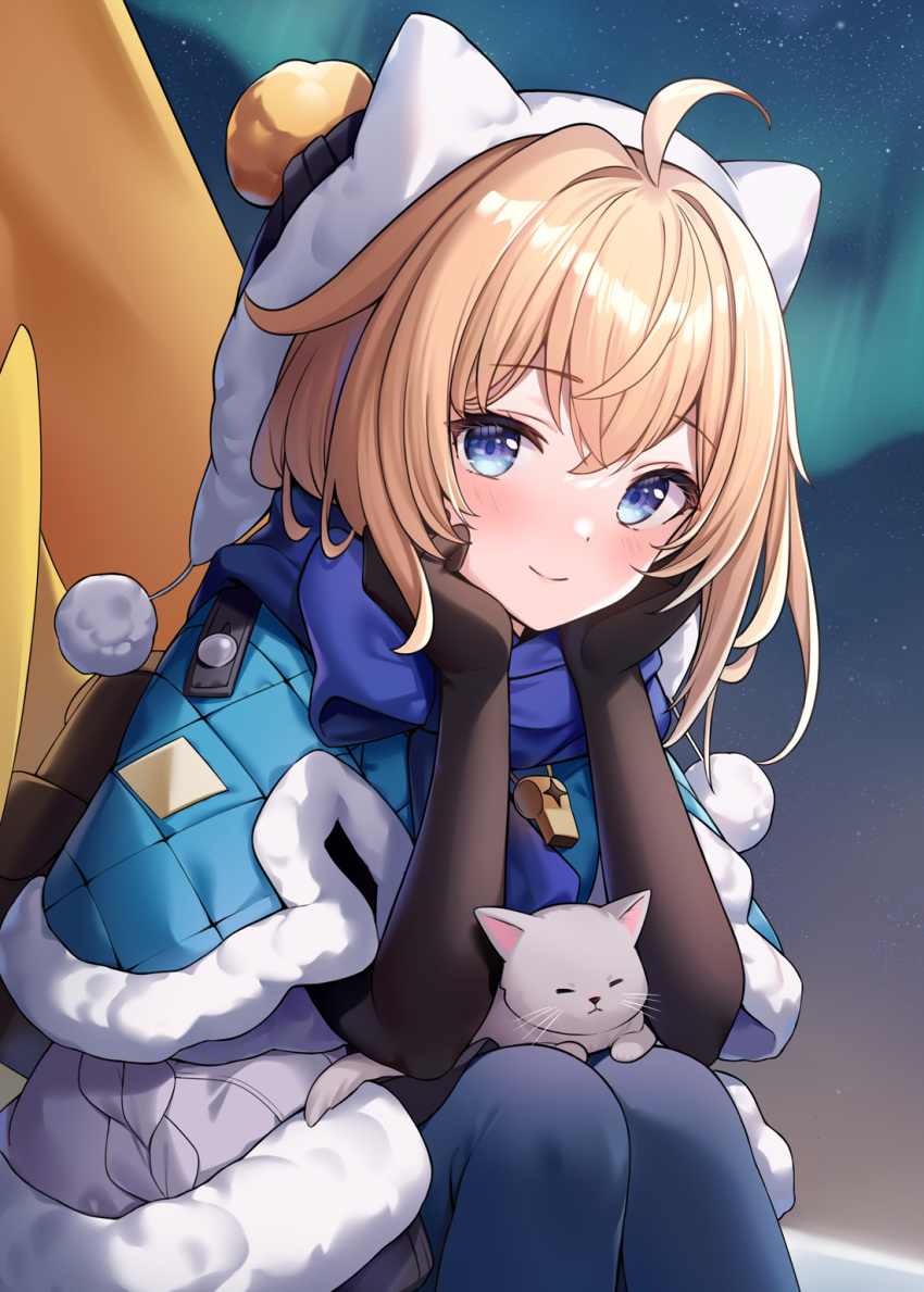 1girl ahoge animal animal_ear_hood animal_ears animal_on_lap aurora black_gloves blonde_hair blue_capelet blue_eyes blue_pantyhose blue_scarf capelet cat closed_mouth commentary dot_nose elbow_gloves english_commentary fake_animal_ears fur-trimmed_capelet fur_trim gloves grey_cat hair_between_eyes hands_on_own_face head_rest highres hitsukuya honkai:_star_rail honkai_(series) hood looking_at_viewer lynx_landau on_lap pantyhose pom_pom_(clothes) scarf simple_background sitting smile solo split_mouth