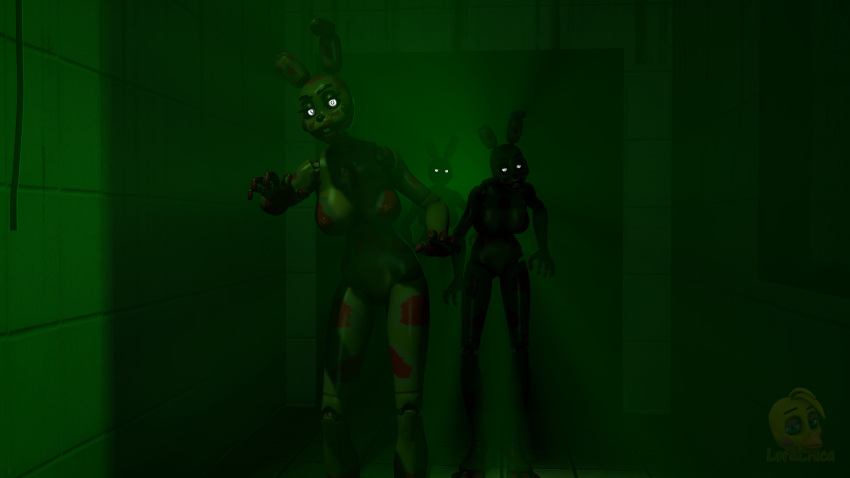 2018 3d_(artwork) abandoned_building absurd_res animatronic anthro blood blood_on_hand blood_on_leg bodily_fluids breasts digital_media_(artwork) eyebrows female five_nights_at_freddy's five_nights_at_freddy's_3 glowing glowing_eyes green_body green_light green_lighting group hi_res lagomorph leporid living_machine lordchica_(artist) machine mammal rabbit rabbit_ears robot scottgames source_filmmaker springtrap_(fnaf) trio