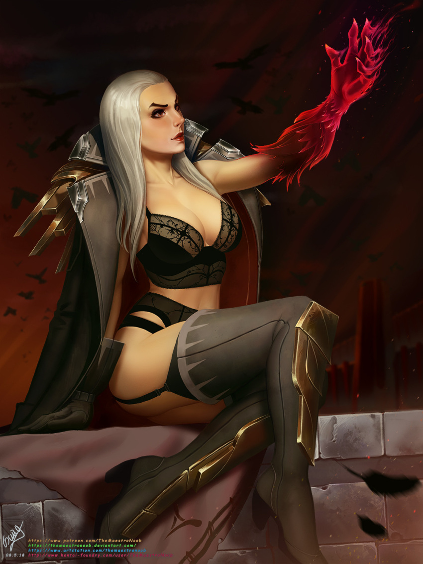 1girl animal bird black_bra black_coat black_panties boots bra brown_footwear brown_gloves coat colored_skin garter_straps gloves grey_hair highres lace-trimmed_bra lace_trim league_of_legends long_hair looking_up panties red_background red_coat red_lips red_skin sitting swain_(league_of_legends) themaestronoob thigh_boots two-sided_coat two-sided_fabric underwear web_address