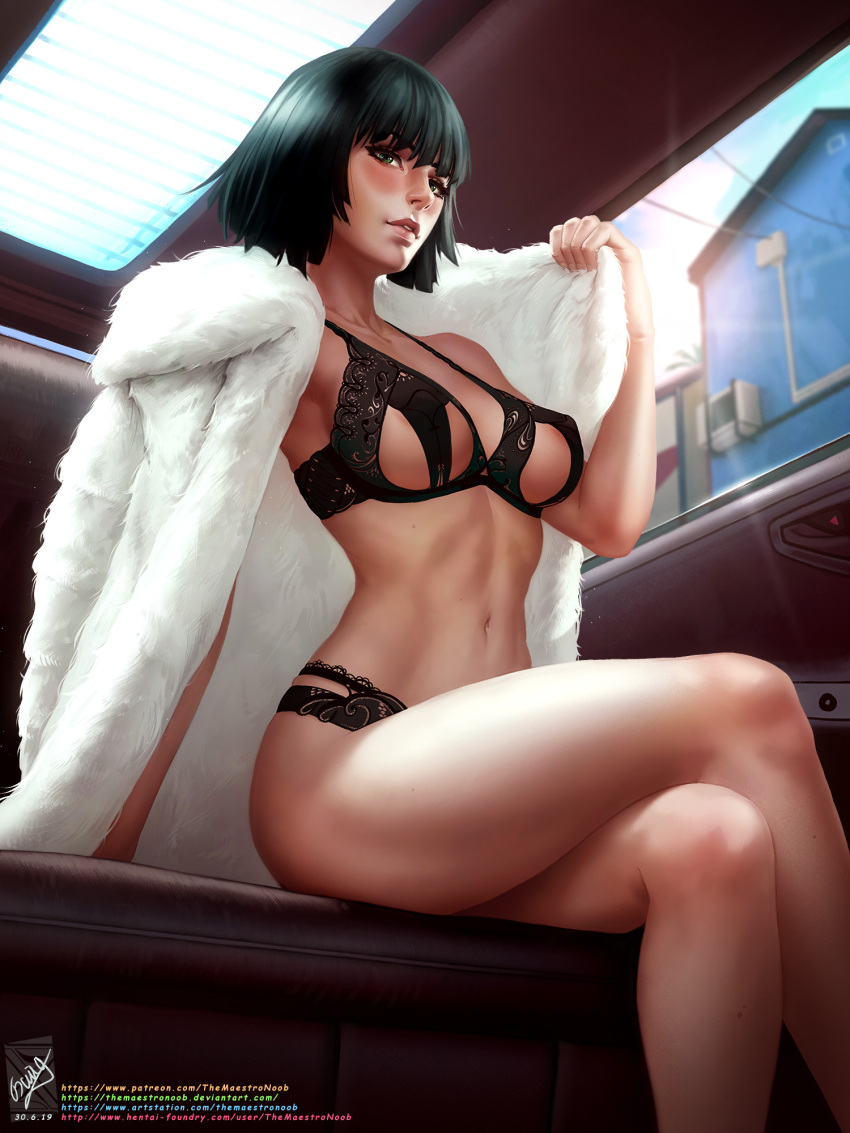 1girl bare_shoulders black_bra black_hair black_panties bra breasts brown_eyes car_interior coat collarbone dated feet_out_of_frame fubuki_(one-punch_man) fur_coat hand_up highres large_breasts lingerie looking_at_viewer one-punch_man panties parted_lips shiny_skin short_hair signature smile solo teeth themaestronoob underwear web_address