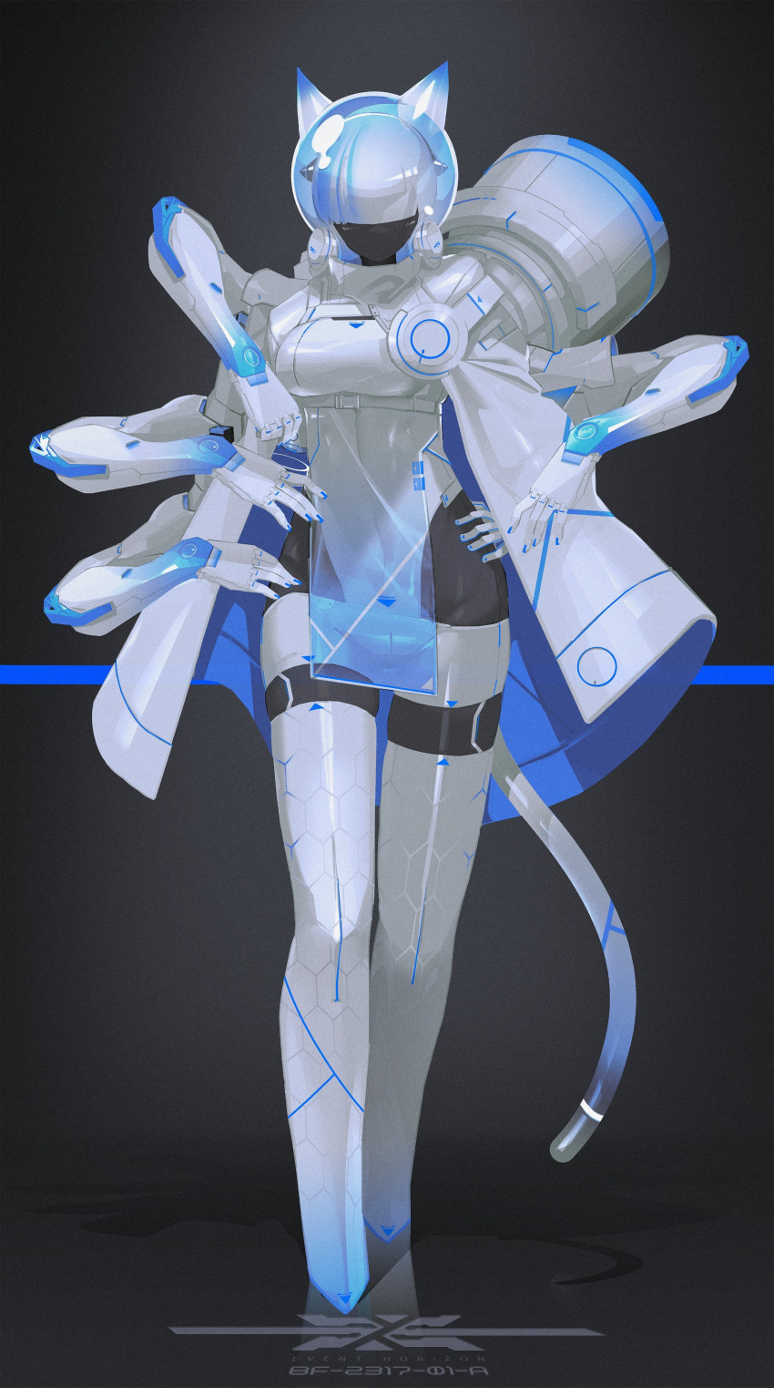 1girl absurdres android animal_ears black_background black_skin blue_hair cape cat_ears cat_tail colored_skin cone_horns echanis_enicha extra_arms full_body hair_over_eyes hands_on_own_hips helmet highleg highleg_leotard highres horns leotard lowleg lowleg_shorts multicolored_hair no_feet no_mouth original pelvic_curtain shadow short_shorts shorts solo space_helmet standing strap tail thighhighs white_cape white_shorts white_thighhighs