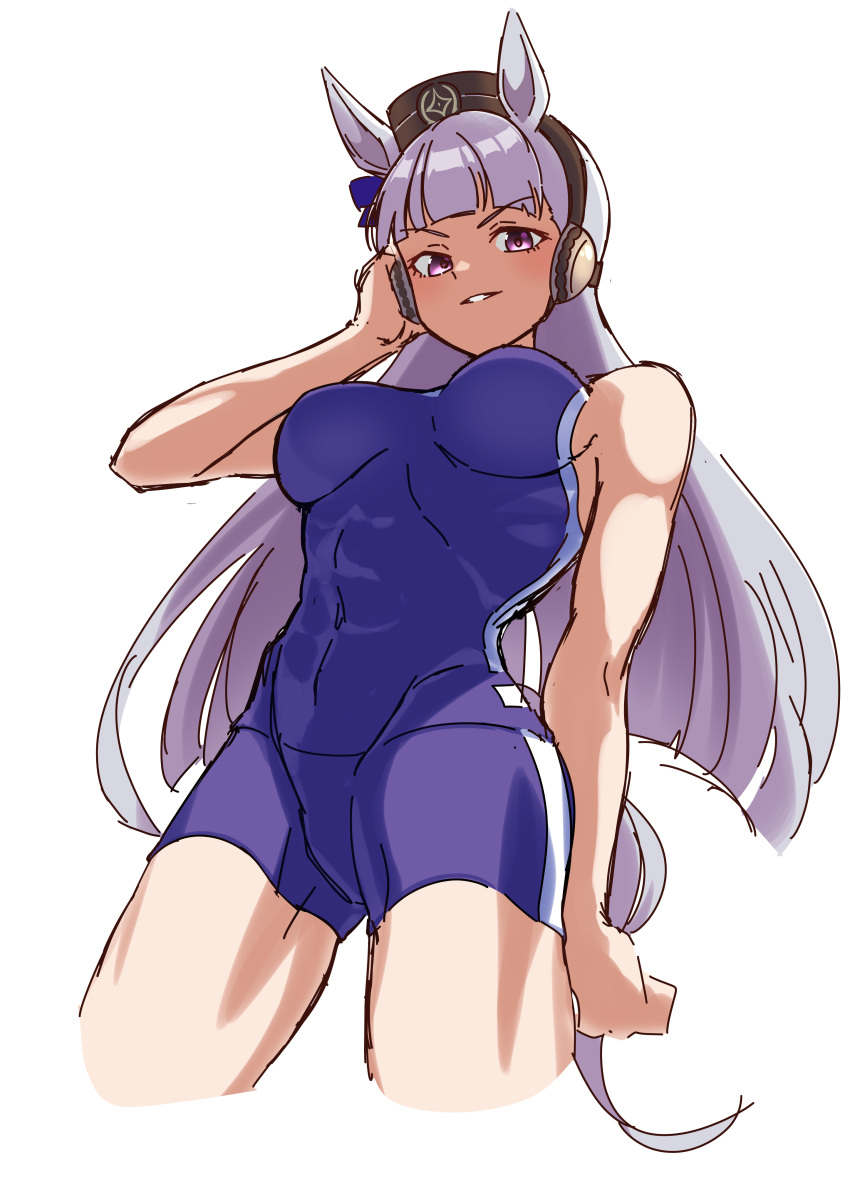 1girl absurdres animal_ears blue_one-piece_swimsuit blue_shorts blunt_bangs commentary_request competition_school_swimsuit competition_swimsuit cowboy_shot gold_ship_(umamusume) grey_hair groin highres horse_ears horse_girl horse_tail long_hair looking_at_viewer one-piece_swimsuit pillbox_hat purple_eyes school_swimsuit senchan_7 shorts simple_background skin_tight solo swimsuit tail tracen_swimsuit umamusume white_background