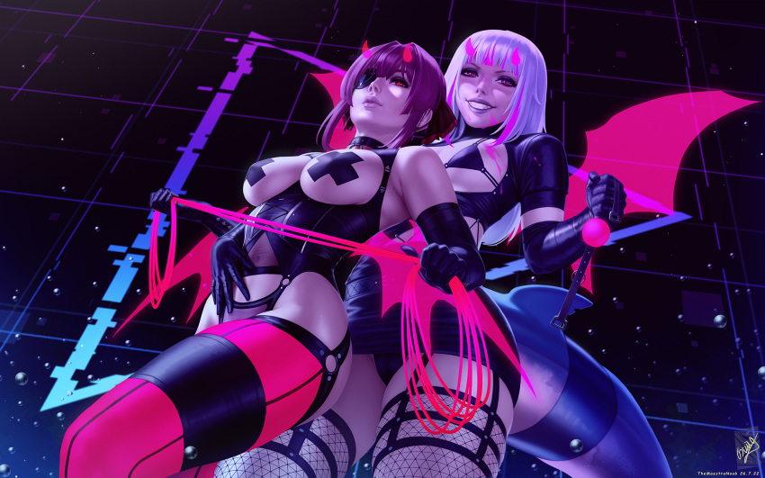 2girls alternate_costume ball_gag bare_shoulders black_background black_gloves black_panties black_thighhighs blood breasts cameltoe elbow_gloves feet_out_of_frame fins fish_tail gag gawr_gura gloves grey_hair grin highres holding holding_gag holding_whip hololive horns houshou_marine large_breasts long_hair looking_at_viewer medium_breasts multicolored_hair multiple_girls panties pasties pink_blood pink_hair pink_theme red_horns shark_tail shiny_skin smile tail teeth themaestronoob thighhighs two-tone_hair underwear unworn_gag wings