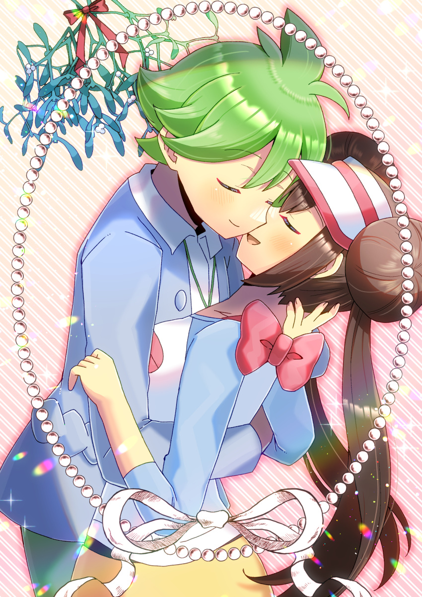 1boy 1girl :d absurdres blue_jacket blush bow breasts brown_hair closed_eyes closed_mouth collared_shirt commission double_bun dress_shirt green_hair green_pants hair_bun hetero highres hug jacket kou_hiyoyo long_hair medium_breasts pants pink_bow pixiv_commission pokemon pokemon_bw2 pokemon_oras rosa_(pokemon) shirt skirt smile striped_background twintails very_long_hair visor_cap wally_(pokemon) white_headwear white_shirt yellow_skirt