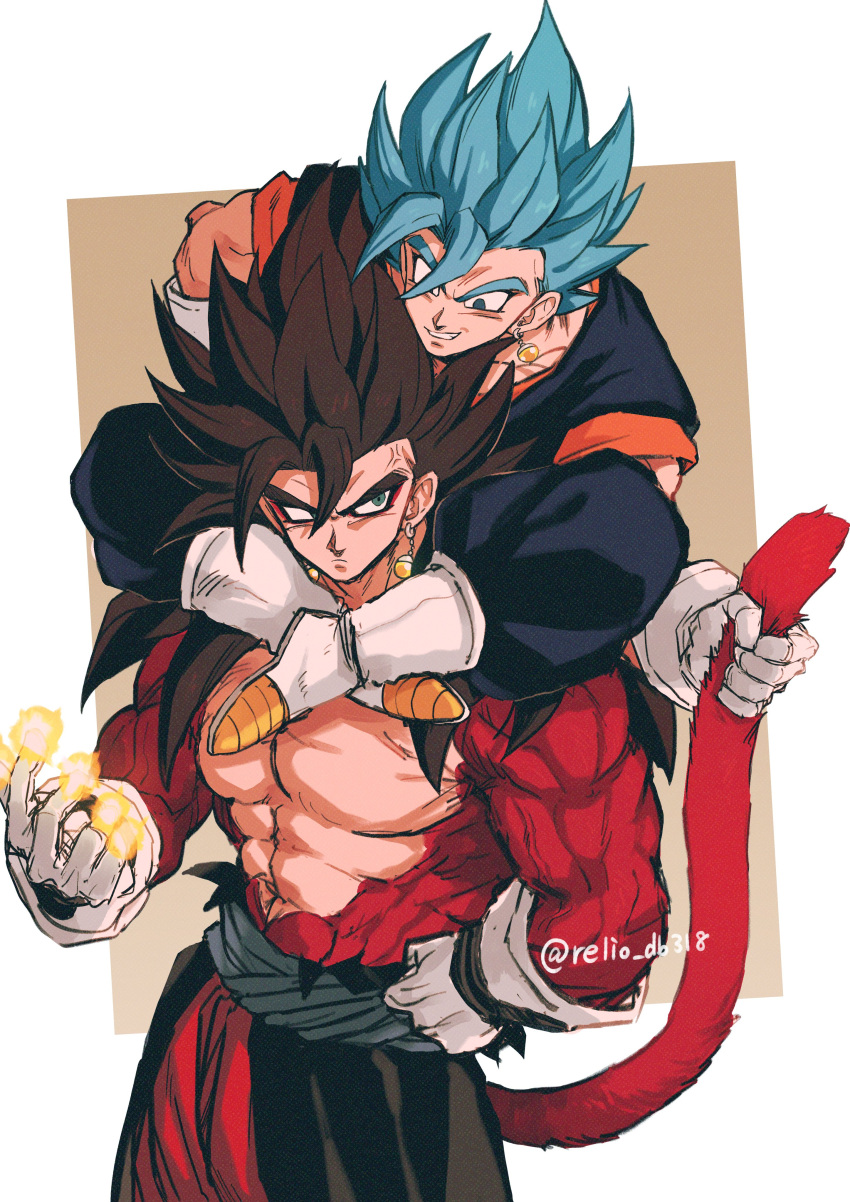 absurdres anger_vein biceps black_hair blue_eyes blue_sash body_fur closed_mouth dougi dragon_ball dragon_ball_heroes dragon_ball_super earrings gloves highres jewelry long_hair male_focus monkey_boy monkey_tail multiple_boys muscular muscular_male no_nipples pants pectorals potara_earrings red_fur red_hair relio_db318 saiyan sash simple_background smile spiked_hair super_saiyan super_saiyan_4 super_saiyan_blue tail time_patrol_(dragon_ball) torn_clothes vegetto vegetto_(xeno)