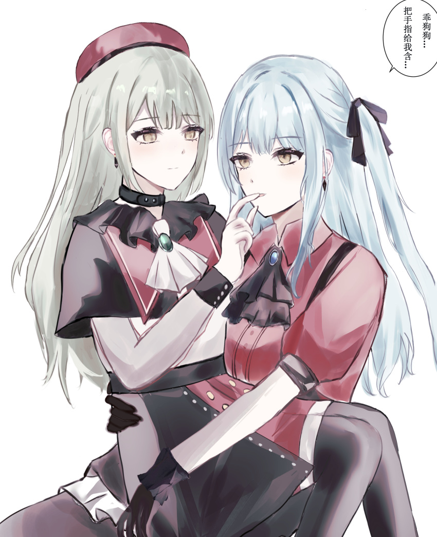 2girls absurdres ascot bang_dream! bang_dream!_it's_mygo!!!!! beret black_ascot black_choker black_thighhighs blue_brooch blue_hair brown_eyes chinese_commentary chinese_text choker closed_mouth commentary_request dress earrings finger_in_another's_mouth green_brooch green_hair hat highres jewelry long_hair long_sleeves multiple_girls one_side_up puffy_short_sleeves puffy_sleeves red_dress red_headwear see-through see-through_sleeves short_sleeves sidelocks sitting sitting_on_lap sitting_on_person thighhighs togawa_sakiko translation_request wakaba_mutsumi white_ascot yingdaoyicha yuri