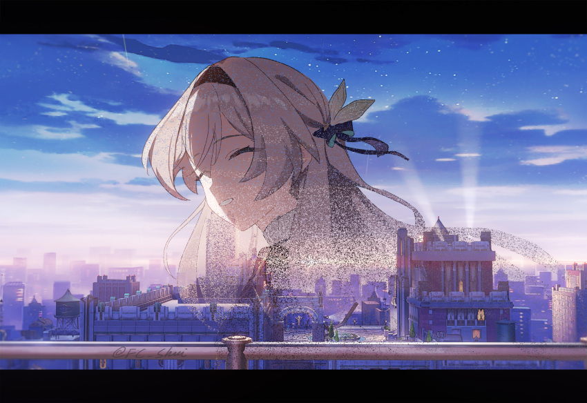 1girl bow cityscape closed_eyes cloud collared_shirt dissolving eyes_visible_through_hair firefly_(honkai:_star_rail) grey_eyes grin hair_bow hair_ornament hairband hetare_mizu highres honkai:_star_rail honkai_(series) letterboxed long_hair outdoors railing shirt sky smile solo star_(sky) starry_sky