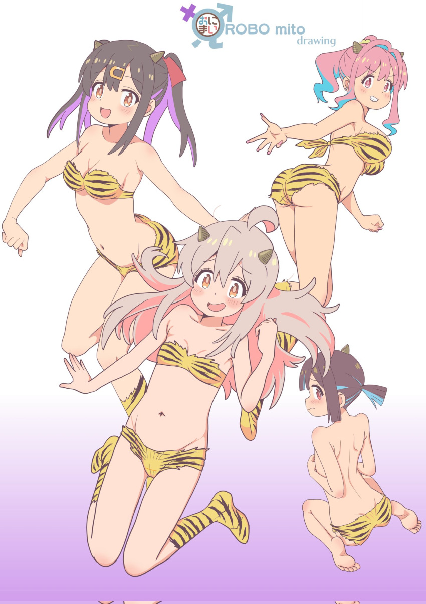 4girls :d ahoge animal_print artist_name ass bare_arms bare_legs bare_shoulders barefoot bikini bikini_bottom_only black_hair blue_hair blunt_bangs blunt_ends blush boots breasts brown_eyes brown_hair cleavage colored_inner_hair commentary cone_horns copyright_name corrupted_twitter_file cosplay covering_breasts covering_privates english_text feet fingernails flat_chest from_behind gradient_background grin groin hair_between_eyes hair_ornament hairclip highres horns hozuki_kaede hozuki_momiji knee_boots large_breasts light_blush long_fingernails long_hair looking_at_viewer looking_back lum lum_(cosplay) medium_breasts medium_hair multicolored_hair multiple_girls nail_polish navel onii-chan_wa_oshimai! open_mouth oyama_mahiro oyama_mihari pink_eyes pink_hair pink_nails print_bikini print_boots print_footwear purple_background purple_hair robomito setsubun short_hair short_ponytail shoulder_blades simple_background small_breasts smile soles stomach strapless strapless_bikini swimsuit tiger_print toes topless twintails two-tone_hair urusei_yatsura wavy_mouth white_background