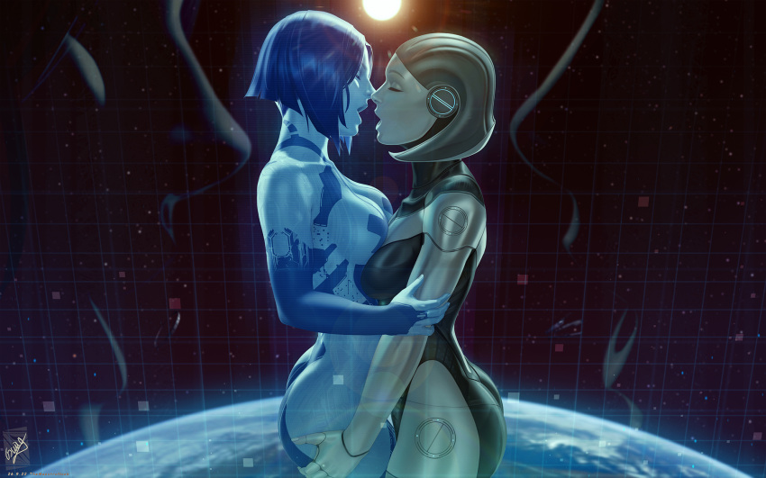 2girls ass_grab blue_hair blue_skin breasts closed_eyes colored_skin copyright_request cortana earth_(planet) edi_(mass_effect) facing_another from_side grabbing_another's_ass groping halo_(series) highres imminent_kiss large_breasts mass_effect_(series) multiple_girls open_mouth planet profile robot_girl short_hair space themaestronoob yuri