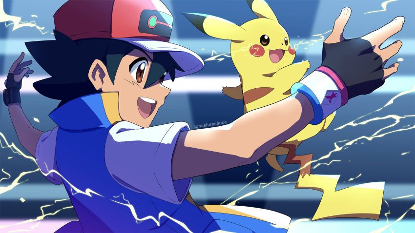 1boy :d ash_ketchum bangs black_gloves black_hair blue_jacket blurry brown_eyes commentary dynamax_band electricity fingerless_gloves gloves hat highres jacket male_focus nashirasauce open_mouth pikachu pokemon pokemon_(anime) pokemon_swsh_(anime) red_headwear shirt short_hair short_sleeves sleeveless sleeveless_jacket smile teeth tongue twitter_username upper_teeth watermark white_shirt