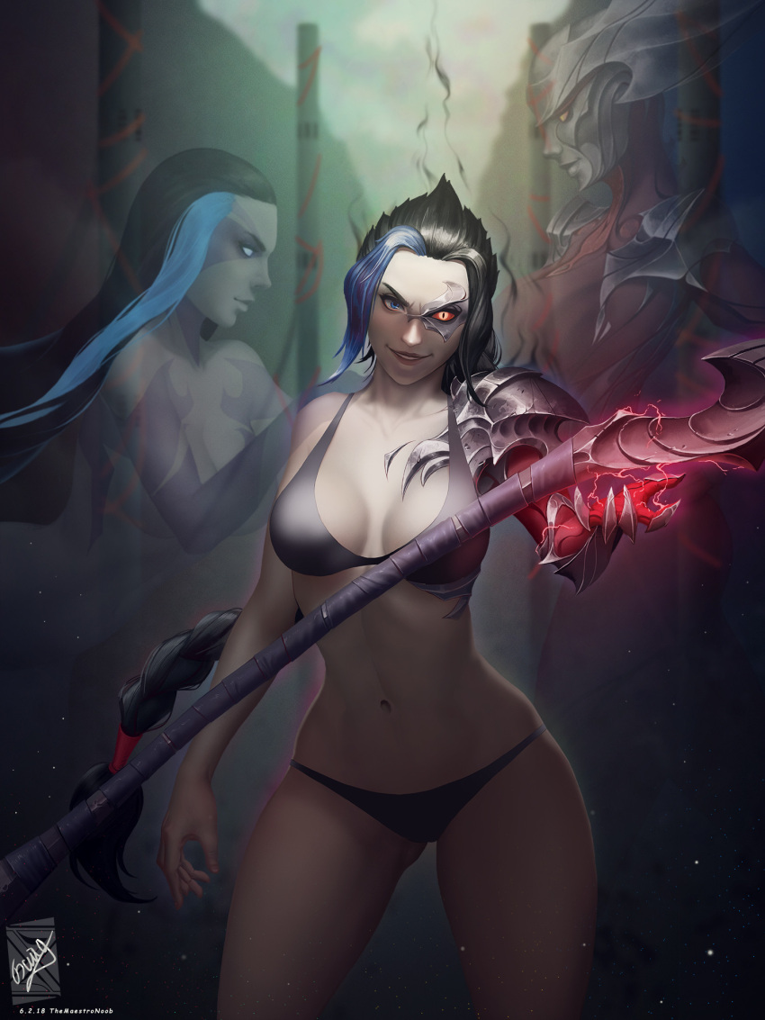 2girls bikini black_bikini black_hair blue_hair braid breasts collarbone colored_sclera colored_skin cowboy_shot dated floating floating_object floating_weapon genderswap genderswap_(mtf) glowing glowing_eyes heterochromia highres kayn_(league_of_legends) large_breasts league_of_legends long_hair multicolored_hair multiple_girls navel red_sclera red_skin rhaast shoulder_plates signature single_shoulder_pad solo_focus swimsuit teeth themaestronoob two-tone_hair